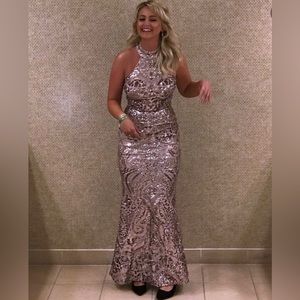 Betsy & Adam Rose Gold Sequined Gown